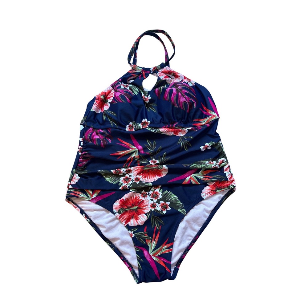 Kona Sol One Piece Swimsuit Women Navy Tropical Floral Halter SIZE 16W